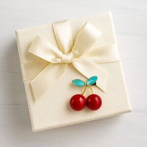 Red Enamel Cherry Brooch Pin Green Acrylic Gem Gold Tone Metal